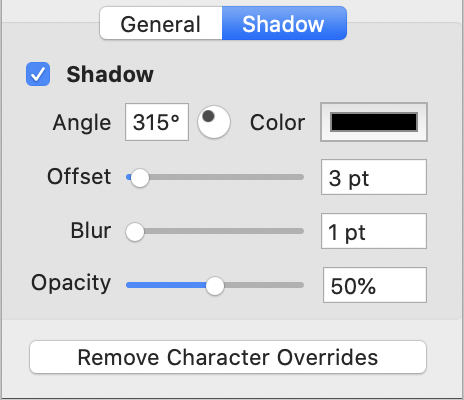 the Character Inspector, Shadow tab selected
