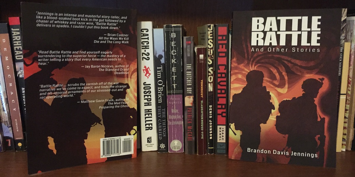 Printed copy of Battle Rattle on a bookshelf