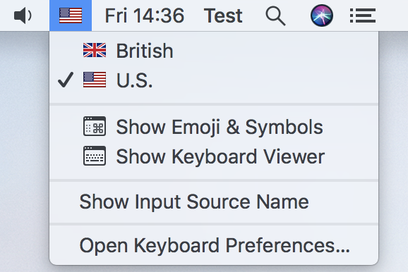 Input menu with two language input sources enabled