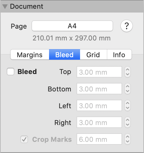 the Document Inspector, Bleed tab selected