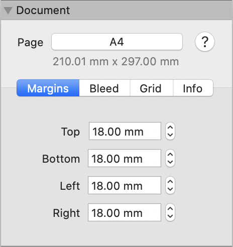 the Document Inspector, Margins tab selected