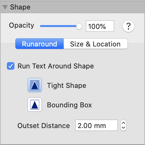 the Shape Inspector, Runaround tab selected