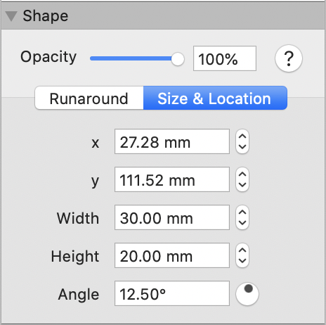 the Shape Inspector, Size & Location tab selected