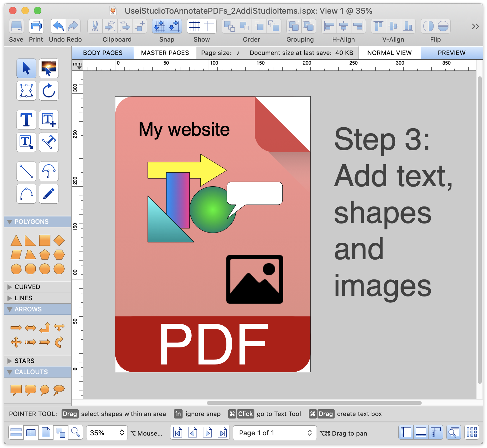 Annotate the PDF with text, shapes and images. Add hyperlinks to any of these items