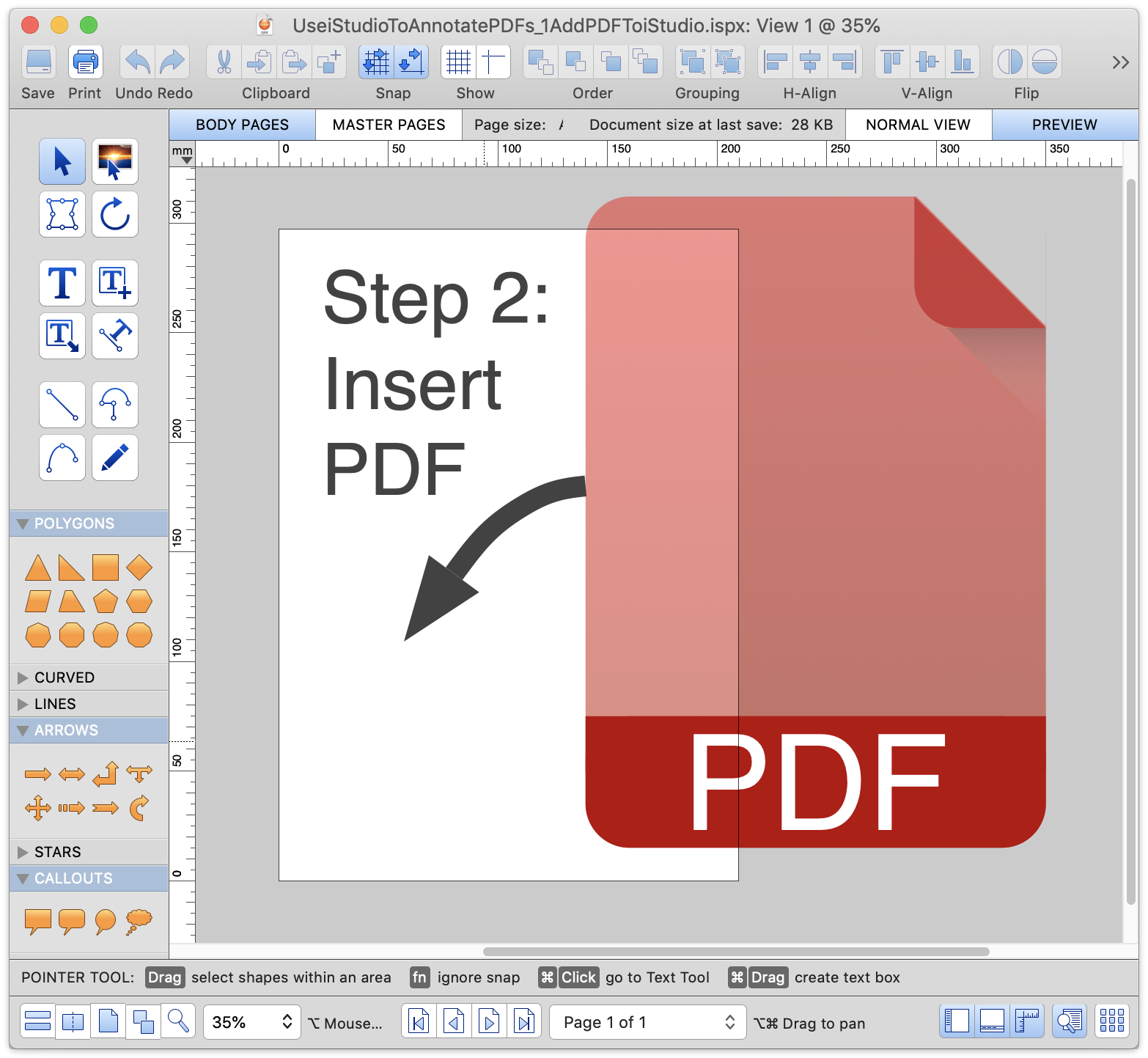 Insert a PDF into a new iStudio document